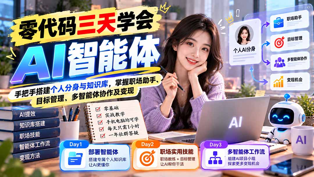 【无水印】零代码三天学会AI智能体：手把手搭建个人分身与知识库，掌握职场助手、目标管理、多智能体协作及变现-资源后花园
