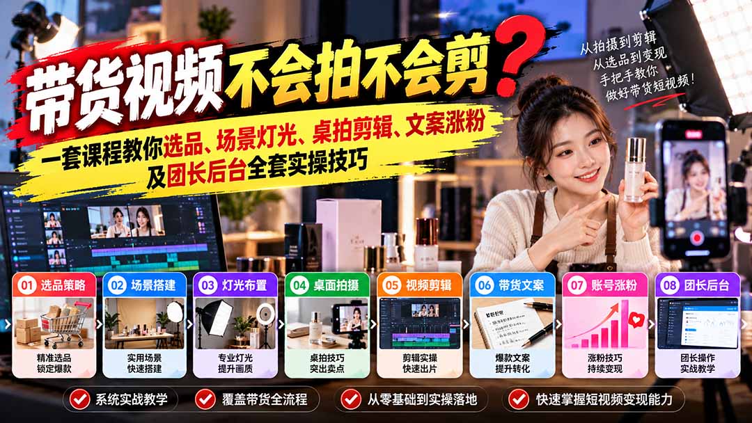 带货视频不会拍不会剪？一套课程教你选品、场景灯光、桌拍剪辑、文案涨粉及团长后台全套实操技巧  复制标题-资源后花园