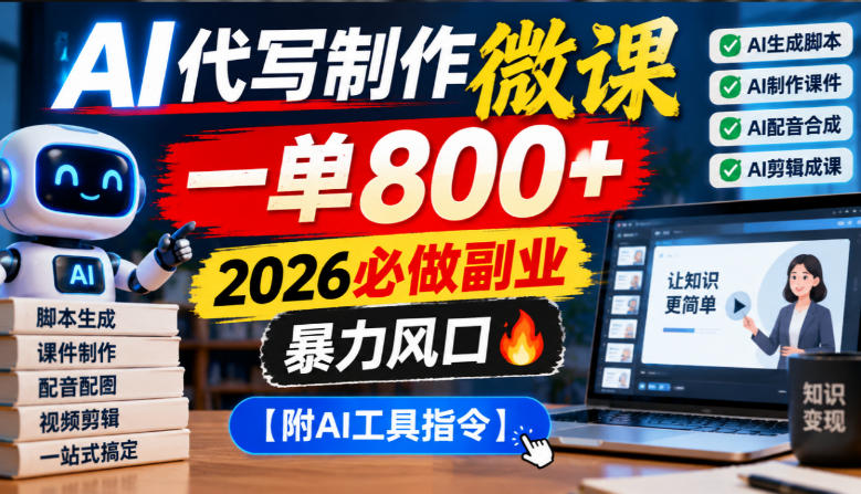 AI代写制作微课，一单800+，2026必做副业，暴力风口【附AI工具指令】【揭秘】-资源后花园