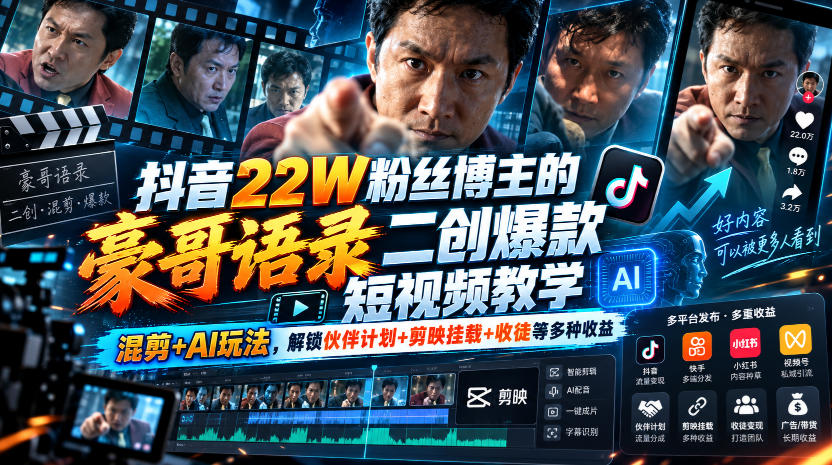 抖音22W粉丝博主的豪哥语录二创爆款短视频教学，混剪+AI玩法，解锁伙伴计划+剪映挂载+收徒等多种收益-资源后花园