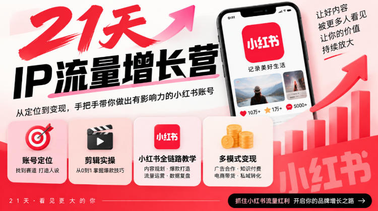 21天IP流量增长营，小红书全链路教学，账号定位剪辑实操，多模式变现系统课-资源后花园