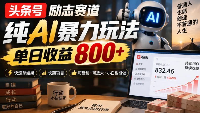 头条号励志赛道，纯AI暴力玩法，单日收益800+，快速拿结果，长期项目-资源后花园