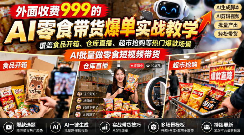 外面收费999的AI零食带货爆单实战教学，覆盖食品开箱、仓库直播、超市抢购等热门爆款场景，AI批量做零食短视频带货-资源后花园