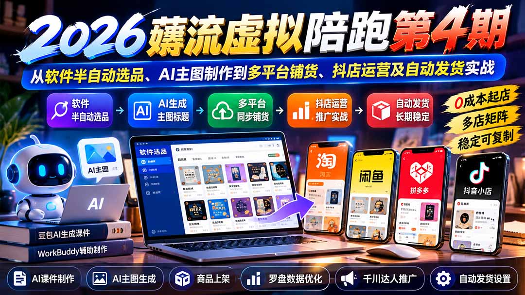 2026薅流虚拟陪跑第4期：从软件半自动选品、AI主图制作到多平台铺货、抖店运营及自动发货实战-资源后花园
