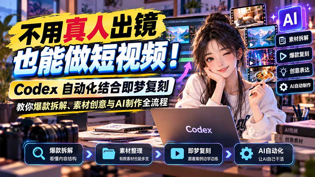 不用真人出镜也能做短视频！Codex自动化结合即梦复刻，教你爆款拆解、素材创意与AI制作全流程-资源后花园