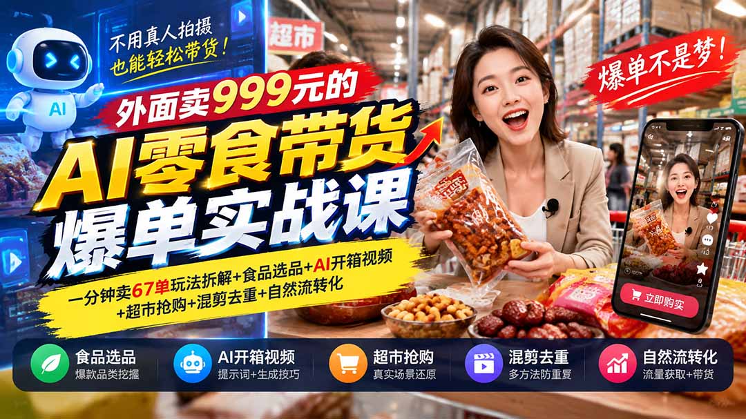外面卖999元的AI零食带货爆单实战课|一分钟卖67单玩法拆解+食品选品+AI开箱视频+超市抢购+混剪去重+自然流转化-资源后花园