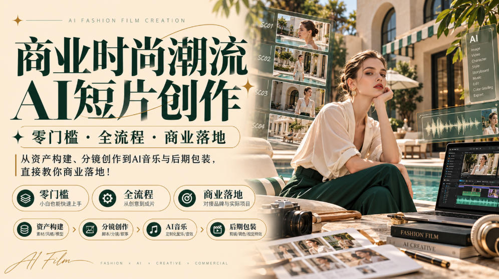 商业时尚潮流AI短片创作｜零门槛・全流程・商业落地，从资产构建、分镜创作到AI音乐与后期包装，直接教你商业落地！-资源后花园