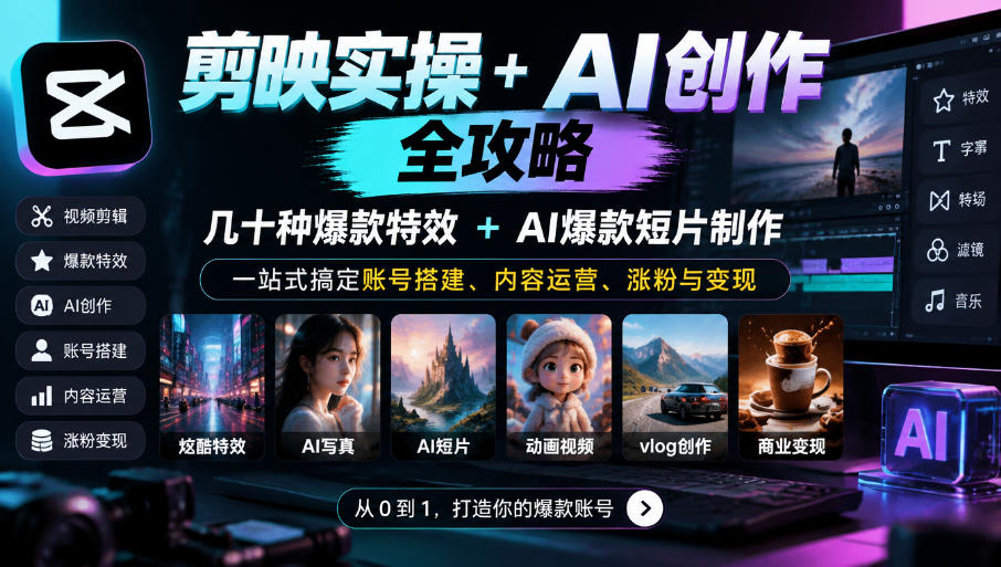 剪映实操+AI创作全攻略｜几十种爆款特效+AI爆款短片制作，一站式搞定账号搭建、内容运营、涨粉与变现-资源后花园