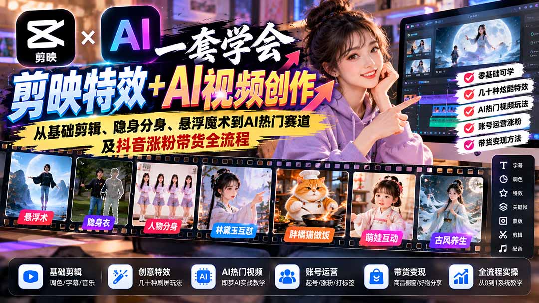 一套学会剪映特效+AI视频创作:从基础剪辑、隐身分身、悬浮魔术到AI热门赛道及抖音涨粉带货全流程-资源后花园