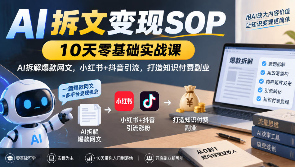 AI拆文变现SOP｜10天零基础实战课，AI拆解爆款网文，小红书+抖音引流，打造知识付费副业-资源后花园