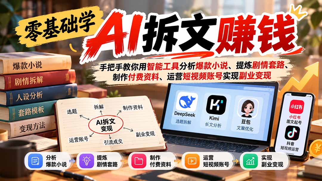 零基础学AI拆文赚钱:手把手教你用智能工具分析爆款小说、提炼剧情套路、制作付费资料、运营短视频账号实现副业变现-资源后花园