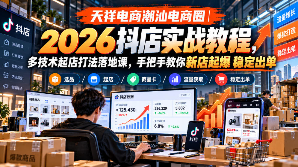 天祥电商潮汕电商圈｜2026抖店实战教程，多技术起店打法落地课，手把手教你新店起爆稳定出单-资源后花园