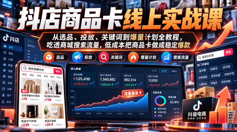 抖店商品卡线上实战课｜从选品、投放、关键词到爆量计划全教程，吃透商城搜索流量，低成本把商品卡做成稳定爆款-资源后花园