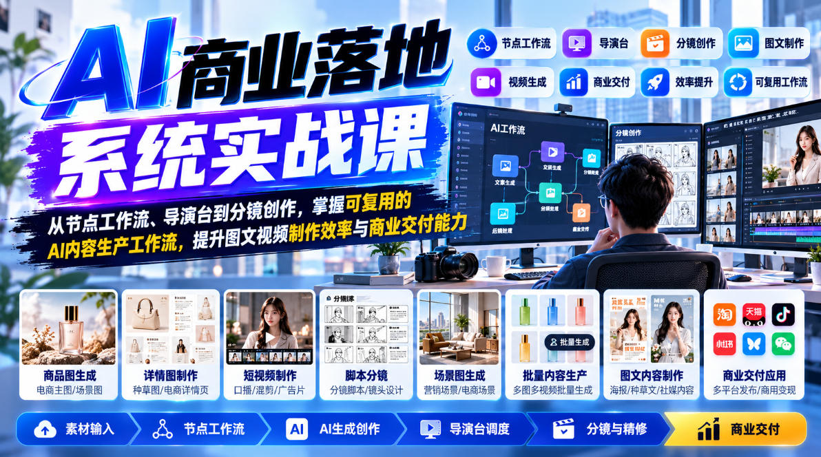 【无水印】AI商业落地系统实战课，从节点工作流、导演台到分镜创作，掌握可复用的AI内容生产工作流，提升图文视频制作效率与商业交付能力-资源后花园