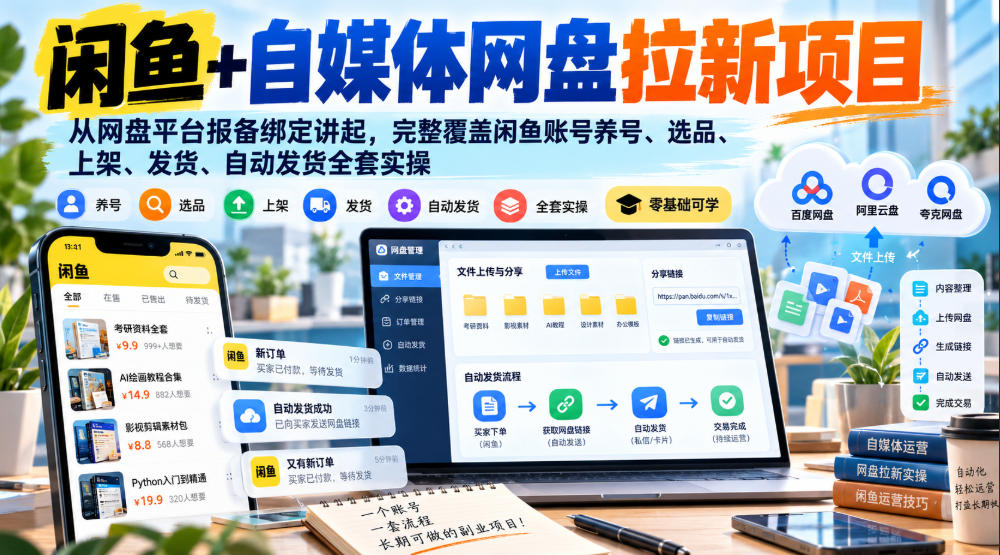 闲鱼+自媒体网盘拉新项目，从网盘平台报备绑定讲起，完整覆盖闲鱼账号养号、选品、上架、发货、自动发货全套实操-资源后花园