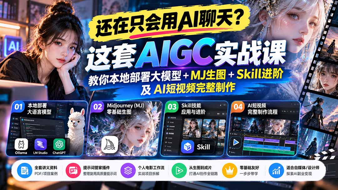 【无水印】还在只会用AI聊天？这套AIGC实战课教你本地部署大模型+MJ生图+Skill进阶及AI短视频完整制作-资源后花园