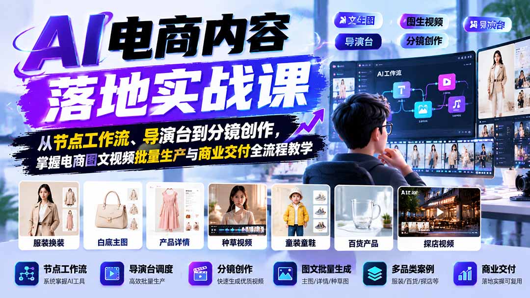 AI电商内容落地实战课：从节点工作流、导演台到分镜创作，掌握电商图文视频批量生产与商业交付全流程教学-资源后花园