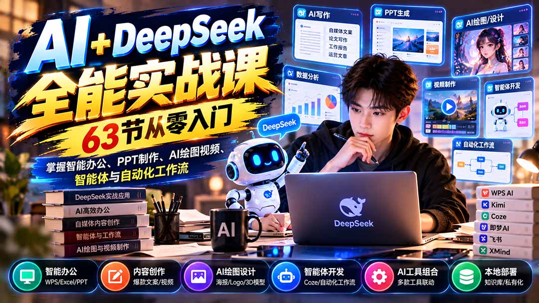 AI+DeepSeek全能实战课：63节从零入门，掌握智能办公、PPT制作、AI绘图视频、智能体与自动化工作流-资源后花园