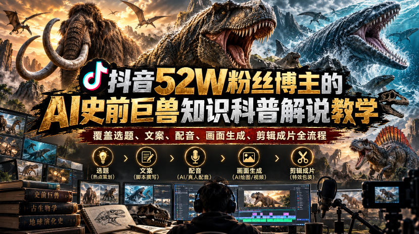 抖音52W粉丝博主的AI史前巨兽知识科普解说教学，覆盖选题、文案、配音、画面生成、剪辑成片全流程-资源后花园