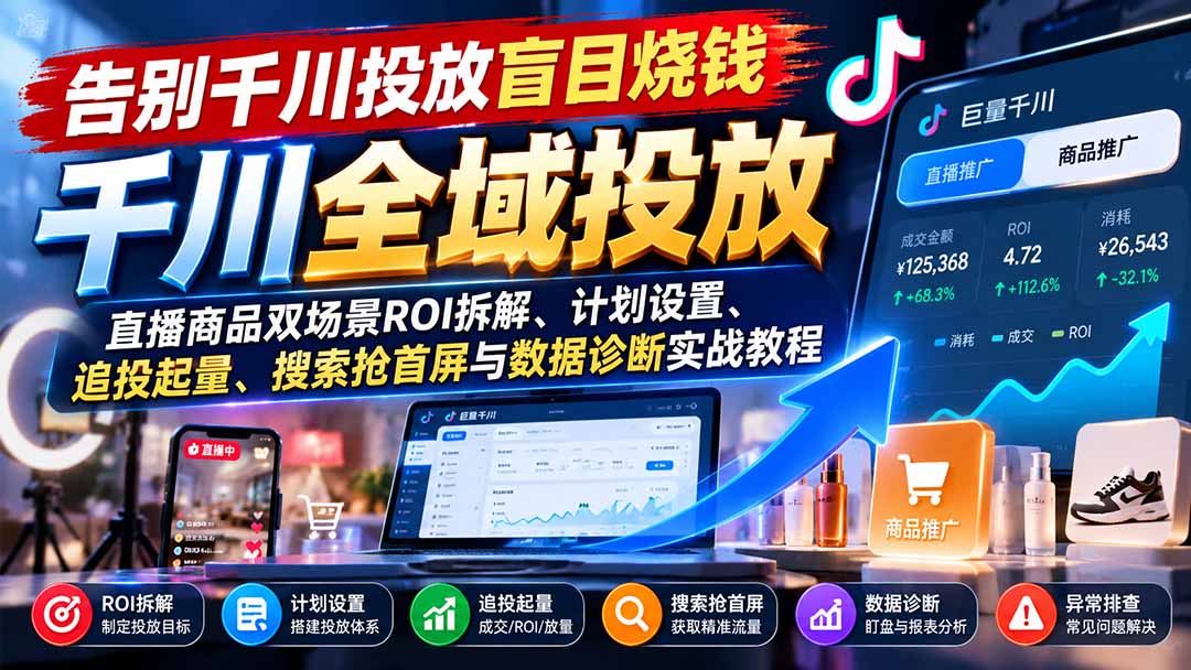 告别千川投放盲目烧钱：直播商品双场景ROI拆解、计划设置、追投起量、搜索抢首屏与数据诊断实战教程-资源后花园