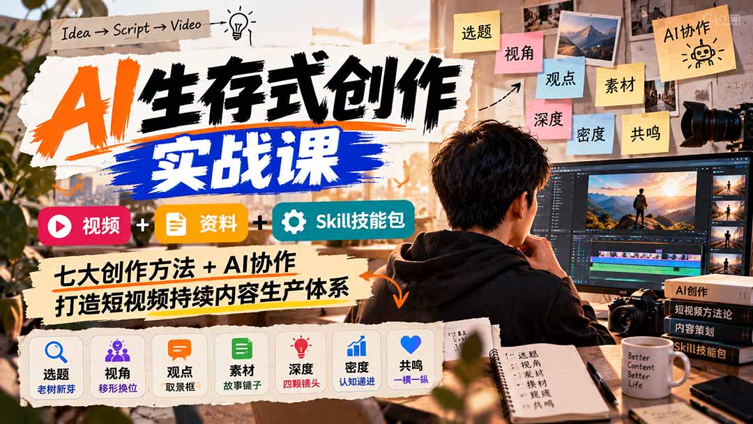 AI生存式创作实战课:视频+资料+Skill技能包,七大创作方法+AI协作,打造短视频持续内容生产体系