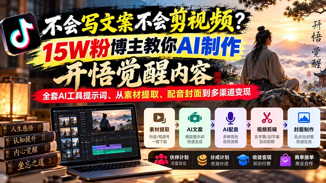 不会写文案不会剪视频？15W粉博主教你AI制作开悟觉醒内容，全套AI工具提示词、从素材提取、配音封面到多渠道变现-资源后花园