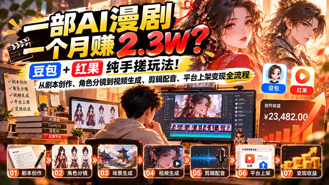 一部AI漫剧一个月赚2.3W？豆包+红果纯手搓玩法！从剧本创作、角色分镜到视频生成、剪辑配音、平台上架变现全流程-资源后花园