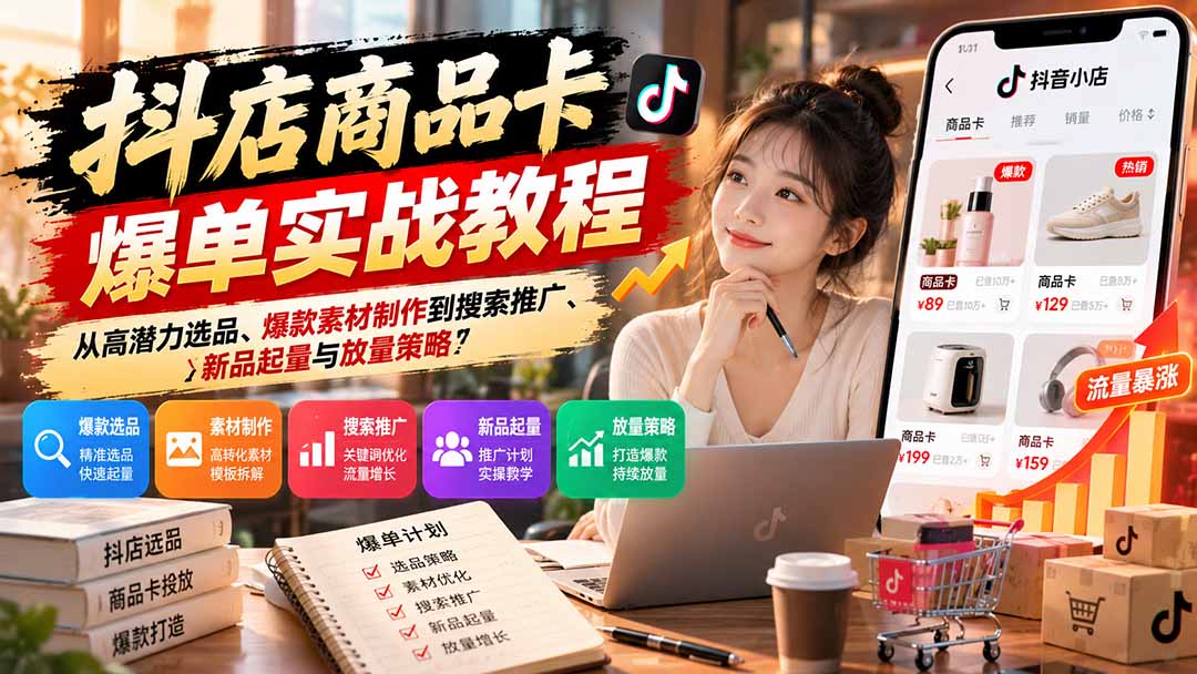 抖店商品卡爆单实战教程：从高潜力选品、爆款素材制作到搜索推广、新品起量与放量策略-资源后花园