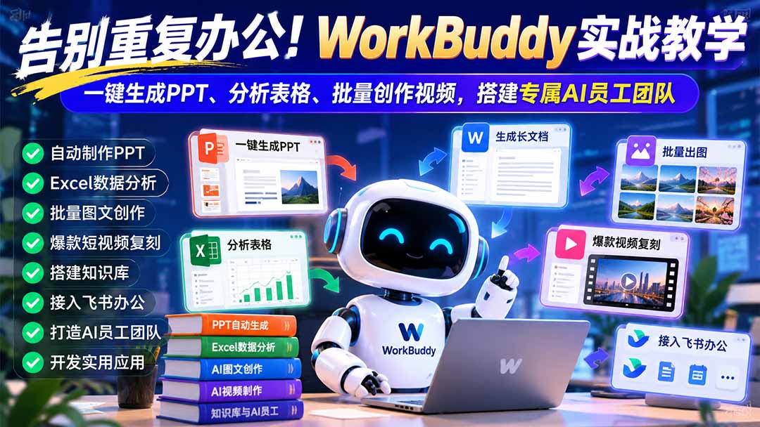 告别重复办公！WorkBuddy实战教学：一键生成PPT、分析表格、批量创作视频，搭建专属AI员工团队-资源后花园