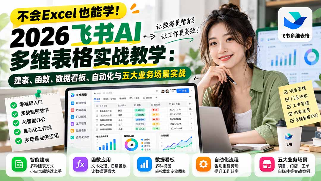 不会Excel也能学！2026飞书AI多维表格实战教学：建表、函数、数据看板、自动化与五大业务场景实战-资源后花园