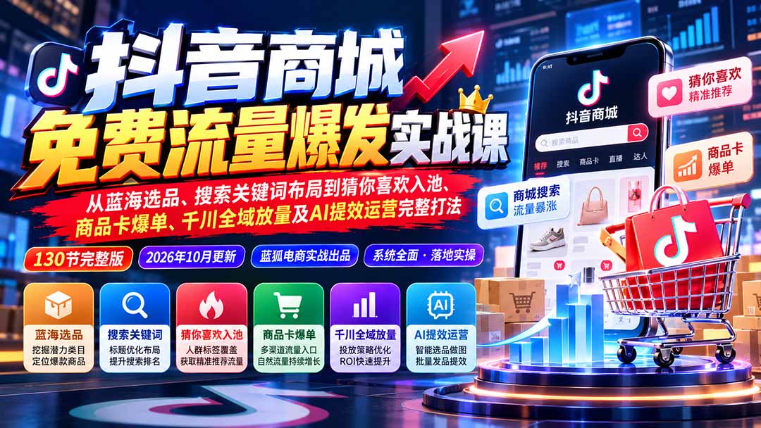 抖店城免费流量爆发实战-更新：蓝海选品、搜索关键词布局到猜你喜欢入池、商品卡爆单、千川全域放量及AI提效完整打法-资源后花园
