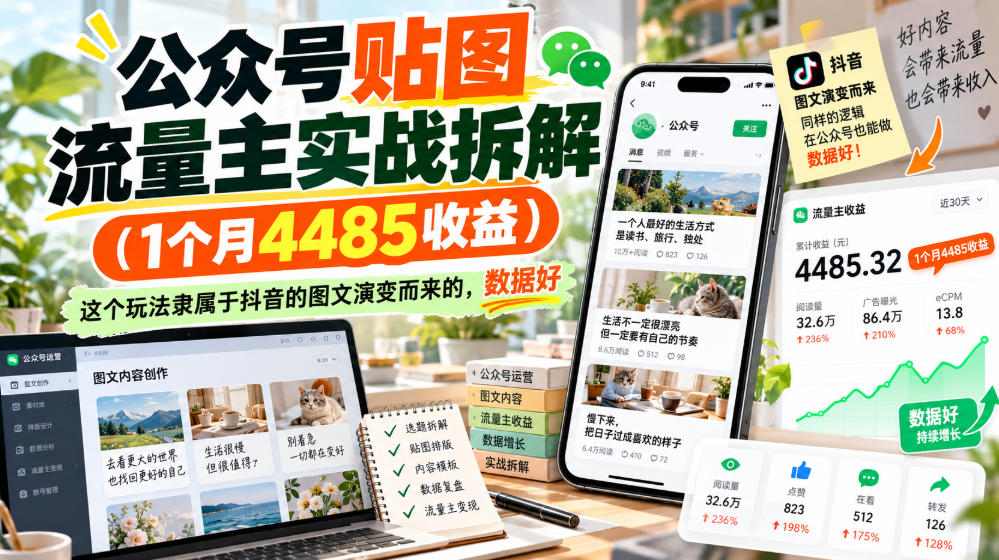 公众号贴图流量主实战拆解(1个月4485收益)，这个玩法隶属于抖音的图文演变而来的，数据好-资源后花园