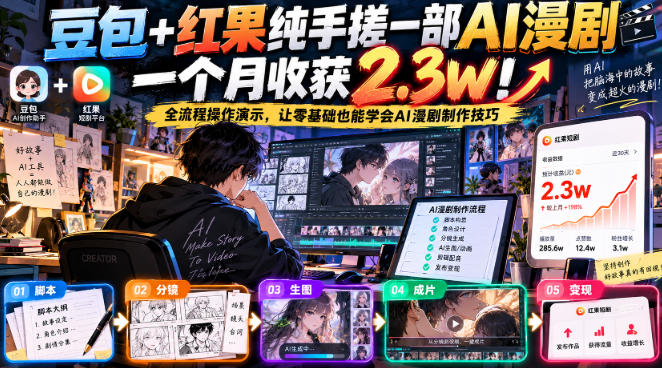 豆包+红果纯手搓一部AI漫剧一个月收获2.3w！全流程操作演示，让零基础也能学会AI漫剧制作技巧-资源后花园