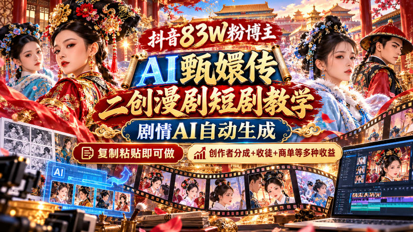 抖音83W粉博主AI甄嬛传二创漫剧短剧教学｜剧情AI自动生成，复制粘贴即可做，各大平台创作者分成+收徒等多种收益-资源后花园
