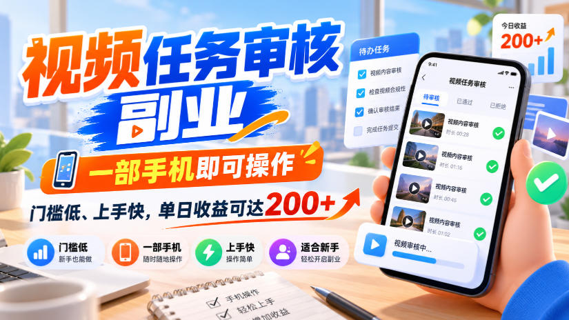 视频任务审核副业，一部手机即可操作，门槛低、上手快，单日收益可达200+【揭秘】-资源后花园