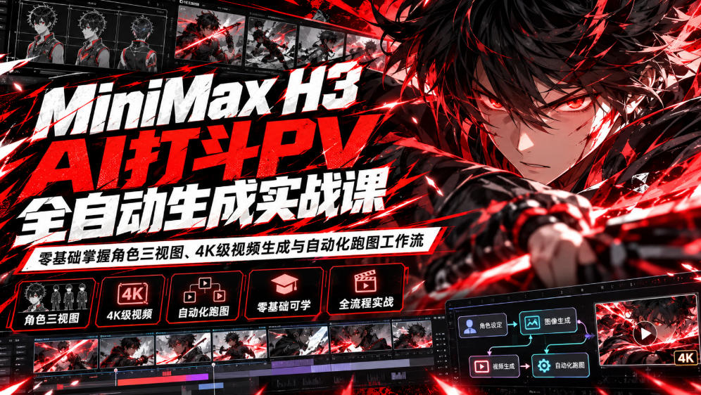 MiniMax H3 AI打斗PV全自动生成实战课：零基础掌握角色三视图、4K级视频生成与自动化跑图工作流-资源后花园