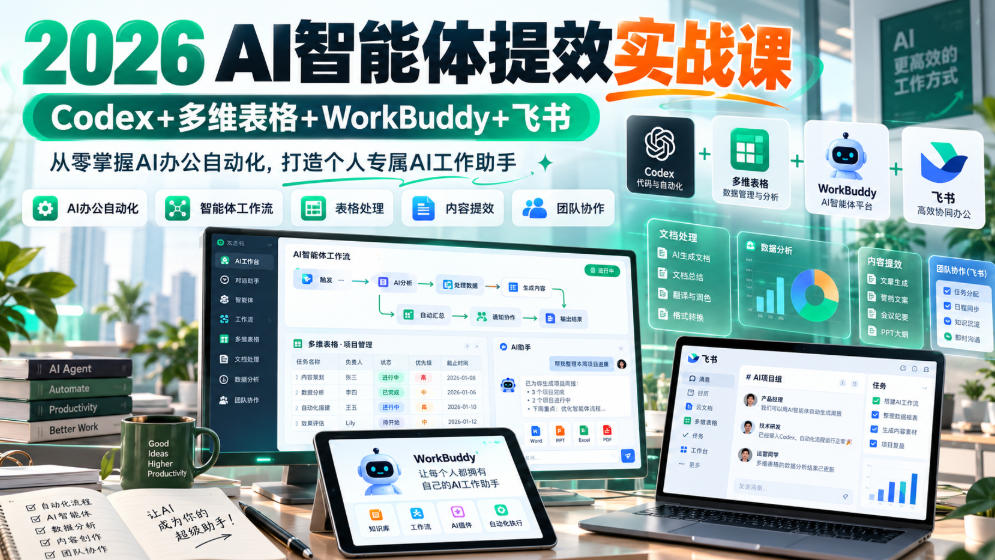 2026 AI智能体提效实战课：Codex+多维表格+WorkBuddy+飞书，从零掌握AI办公自动化，打造个人专属AI工作助手-资源后花园