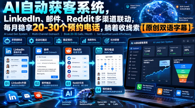 【无水印】AI自动获客系统，LinkedIn、邮件、Reddit多渠道联动，每月稳拿20-30个预约电话，躺着收线索【原创双语字幕】-资源后花园
