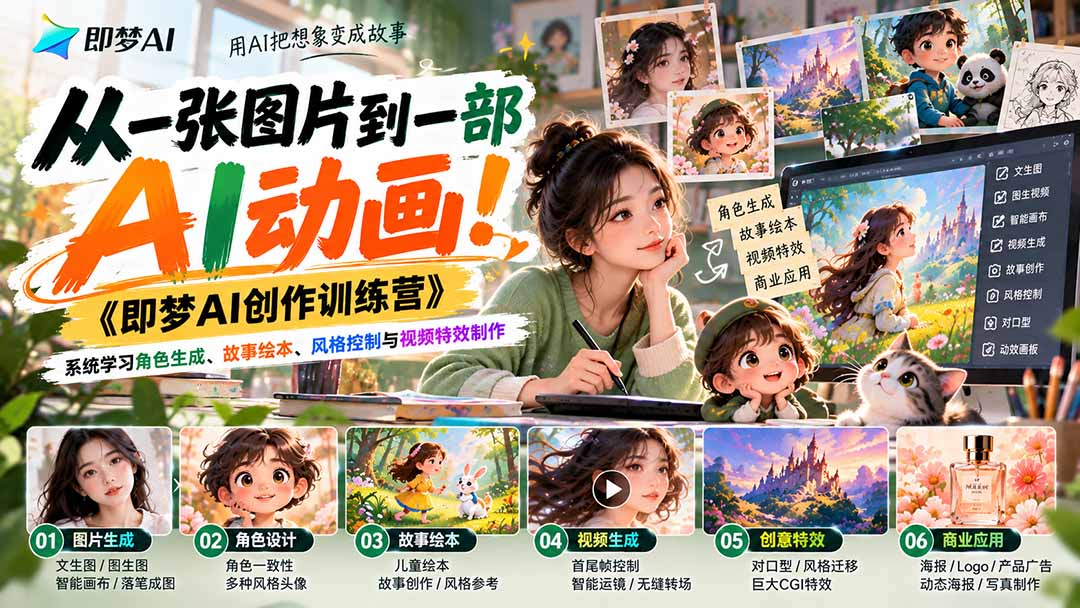 【无水印】从一张图片到一部AI动画！《即梦AI创作训练营》系统学习角色生成、故事绘本、风格控制与视频特效制作-资源后花园