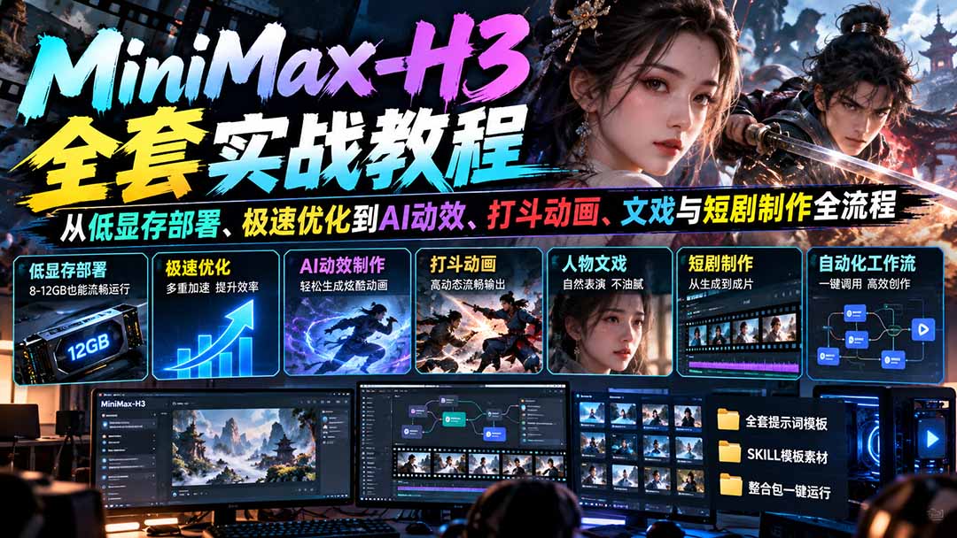 MiniMax-H3全套实战教程：从低显存部署、极速优化到AI动效、打斗动画、文戏与短剧制作全流程-资源后花园