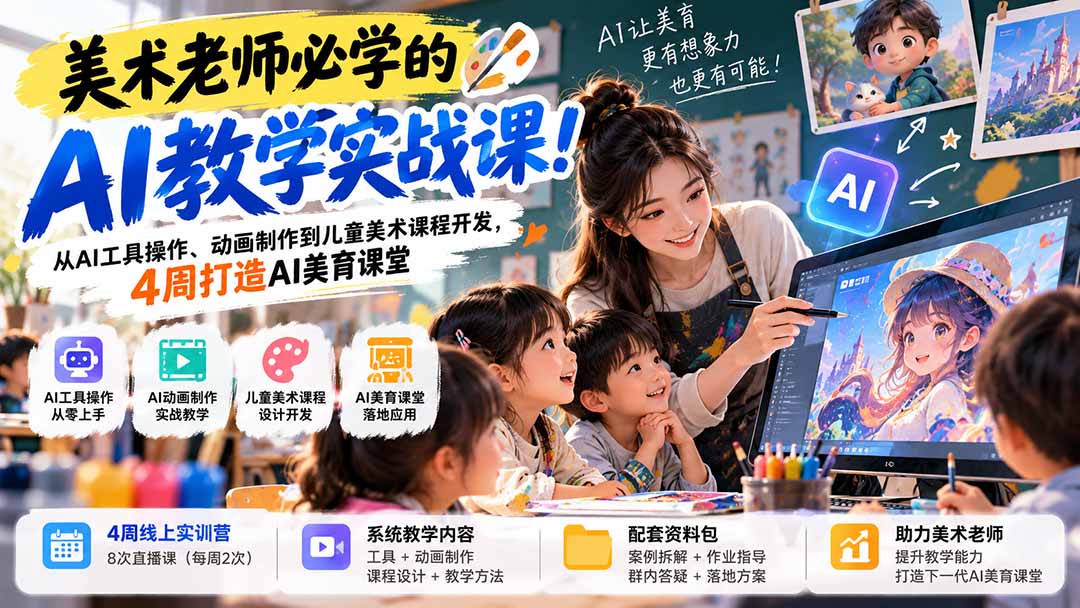 美术老师必学的AI教学实战课！从AI工具操作、动画制作到儿童美术课程开发，4周打造AI美育课堂-资源后花园