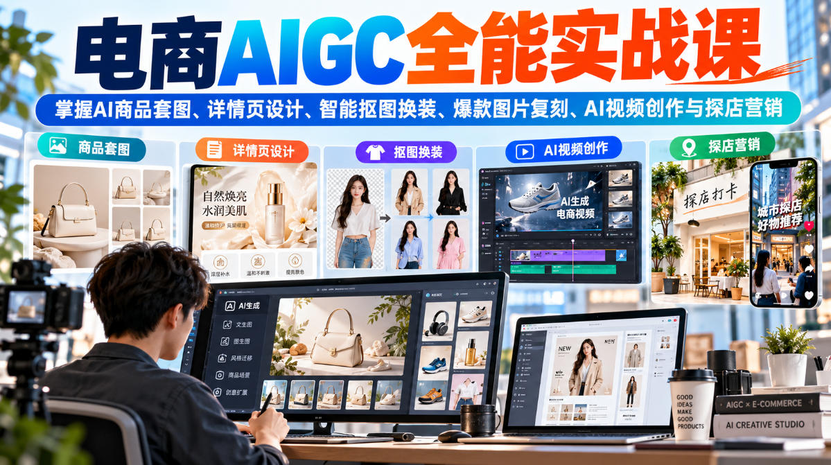 电商AIGC全能实战课：掌握AI商品套图、详情页设计、智能抠图换装、爆款图片复刻、AI视频创作与探店营销-资源后花园