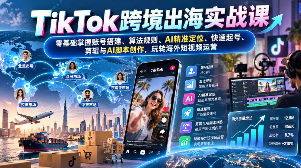 TikTok跨境出海实战课：零基础掌握账号搭建、算法规则、AI精准定位、快速起号、剪辑与AI脚本创作，玩转海外短视频运营-资源后花园