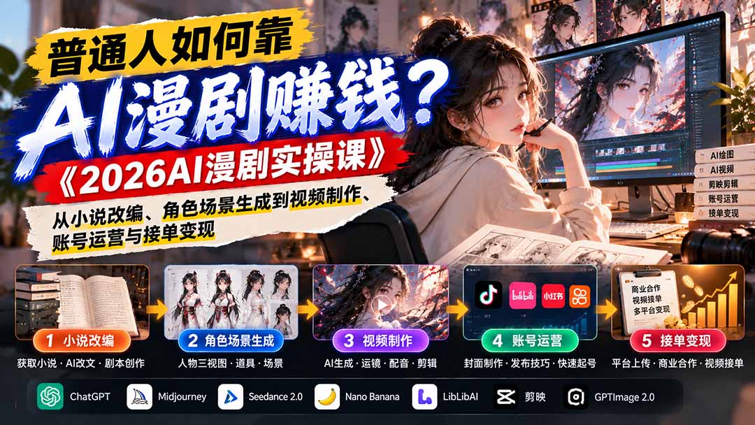 普通人如何靠AI漫剧赚钱？《2026AI漫剧实操课》从小说改编、角色场景生成到视频制作、账号运营与接单变现-资源后花园