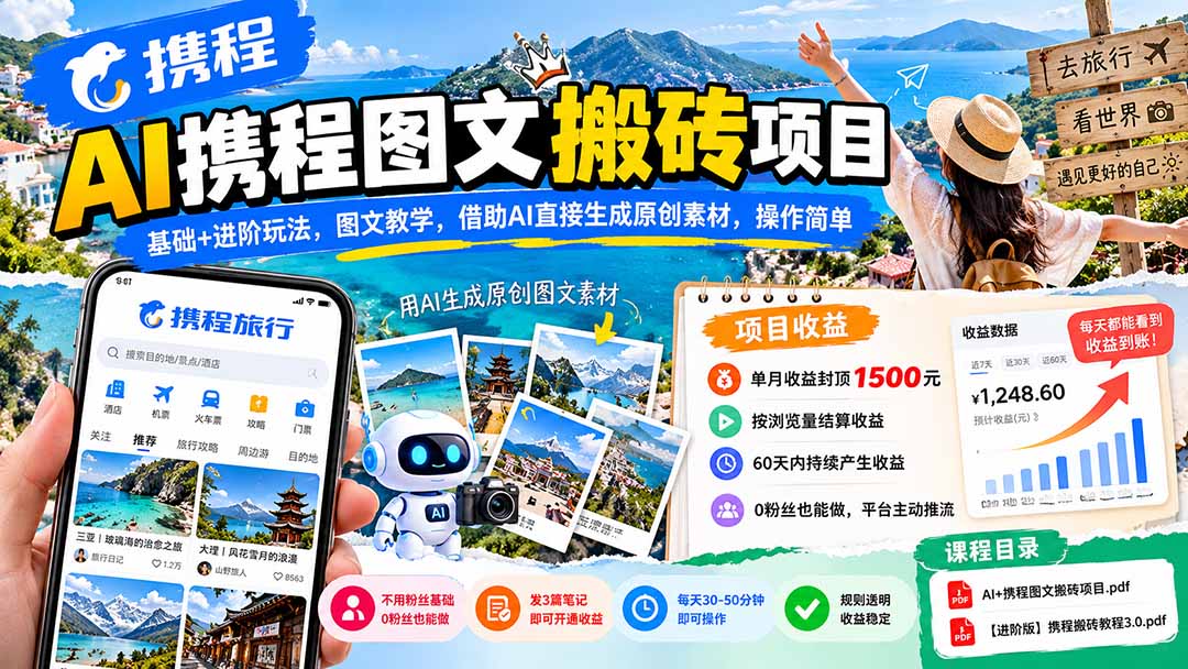 AI携程图文搬砖项目,基础+进阶玩法,图文教学,借助AI直接生成原创素材,操作简单