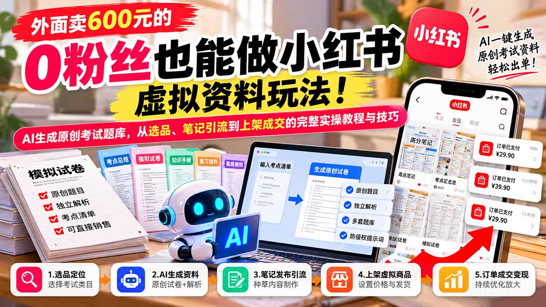 外面卖600元的 零粉丝也能做小红书虚拟资料玩法！AI生成原创考试题库，从选品、笔记引流到上架成交的完整实操教程-资源后花园