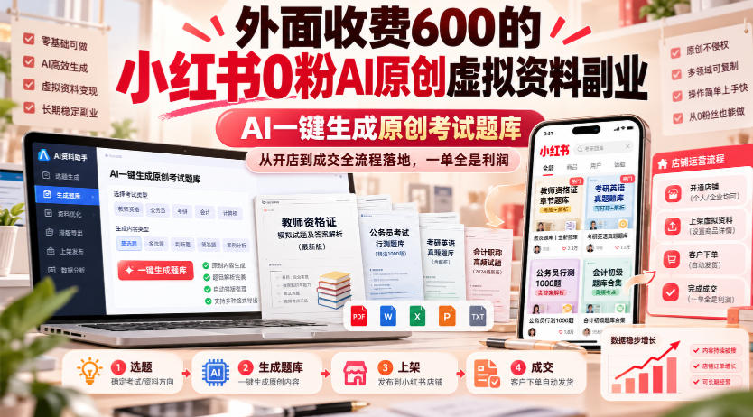 外面收费600的小红书0粉AI原创虚拟资料副业，AI一键生成原创考试题库，从开店到成交全流程落地，一单全是利润-资源后花园
