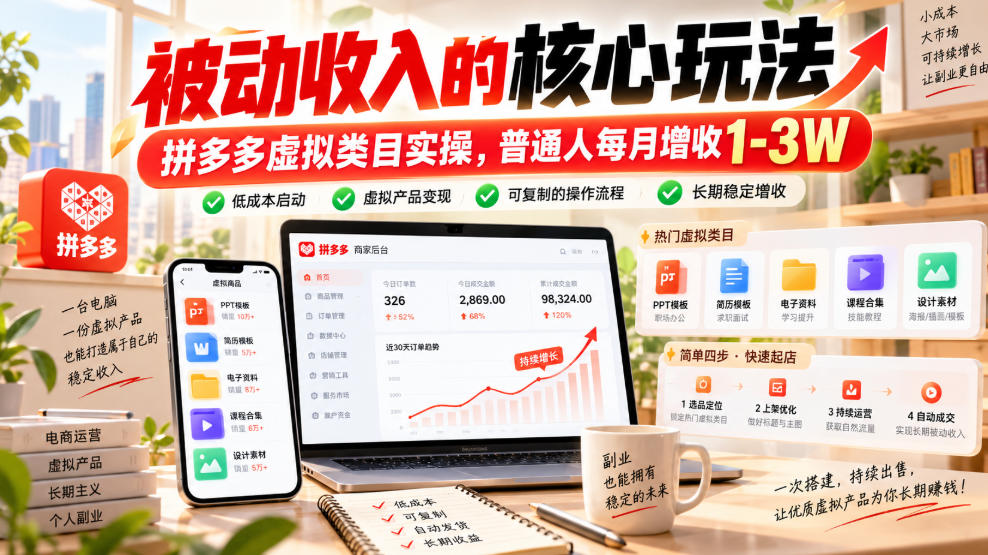 被动收入的核心玩法，拼多多虚拟类目实操，普通人每月增收1-3W【揭秘】-资源后花园