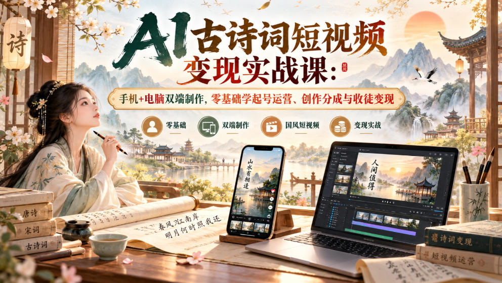 AI古诗词短视频变现实战课：手机+电脑双端制作，零基础学起号运营、创作分成与收徒变现-资源后花园