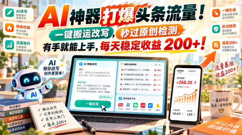 AI神器打爆头条流量，一键搬运改写，秒过原创检测，有手就能上手，每天稳定收益200+！【揭秘】-资源后花园